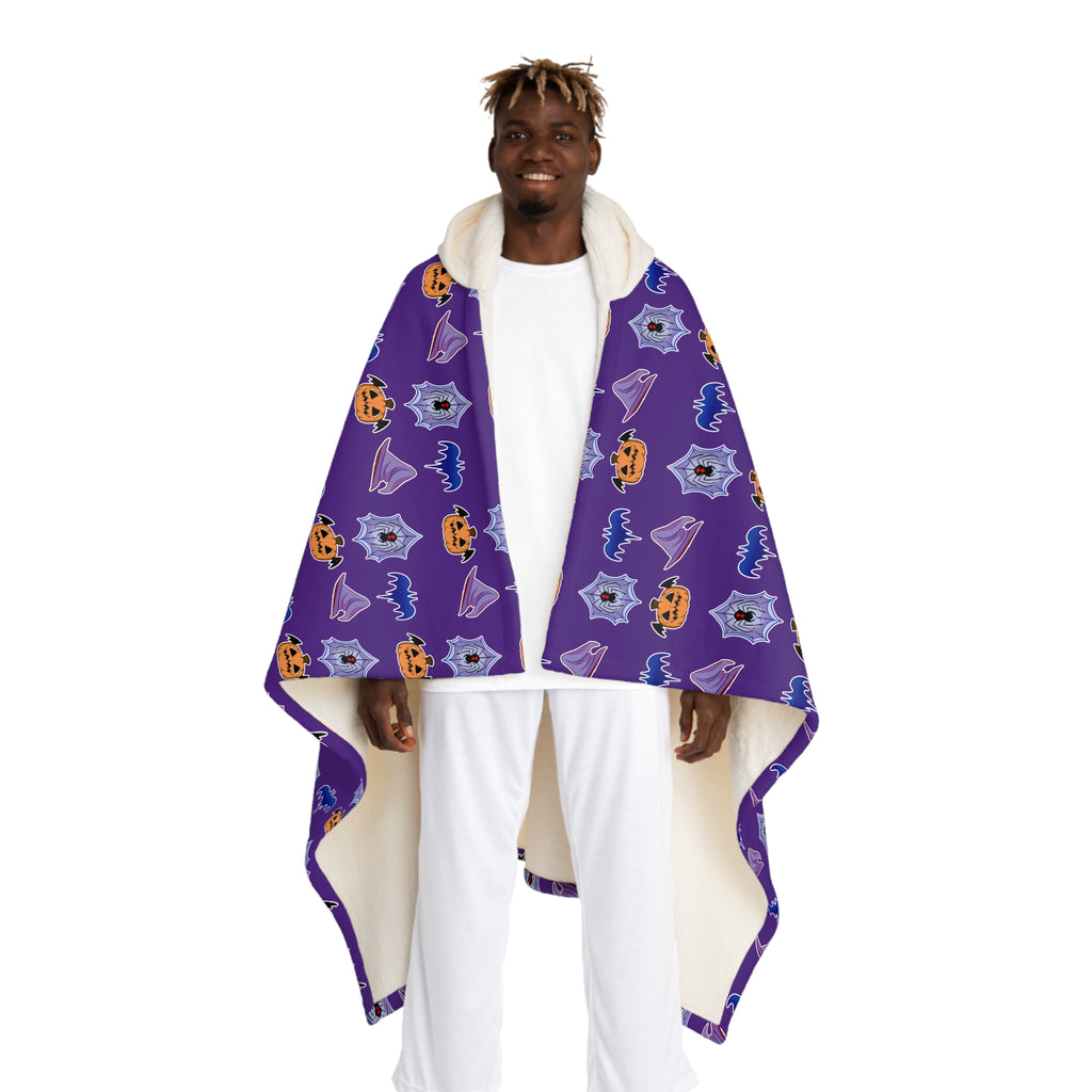 Halloween Hooded Sherpa Blanket – Purple Pumpkin & Ghost Cozy Throw