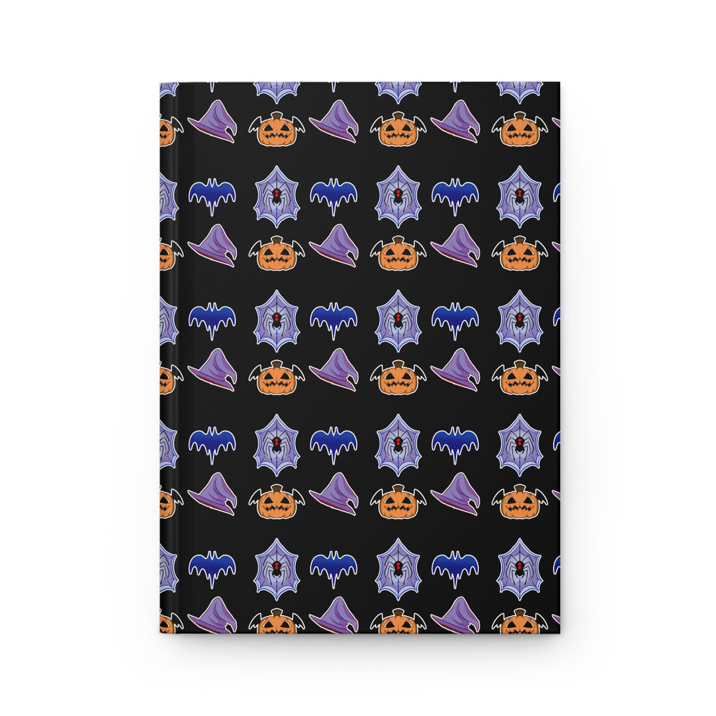 Halloween Pattern Hardcover Journal — Pumpkin, Bat & Witch Hat Journal