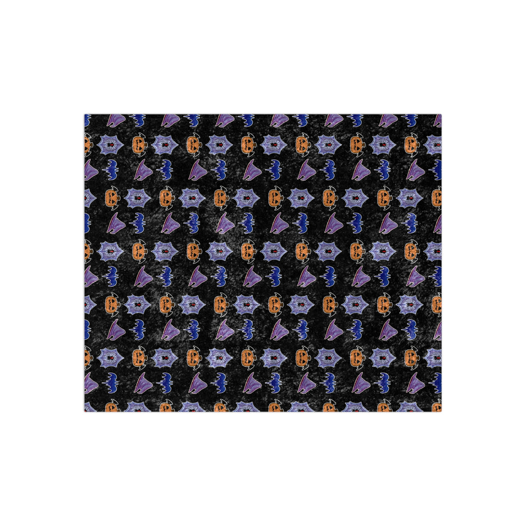 Halloween Crushed Velvet Blanket — Spooky Pattern with Pumpkins, Spiders, Witch Hats & Bats
