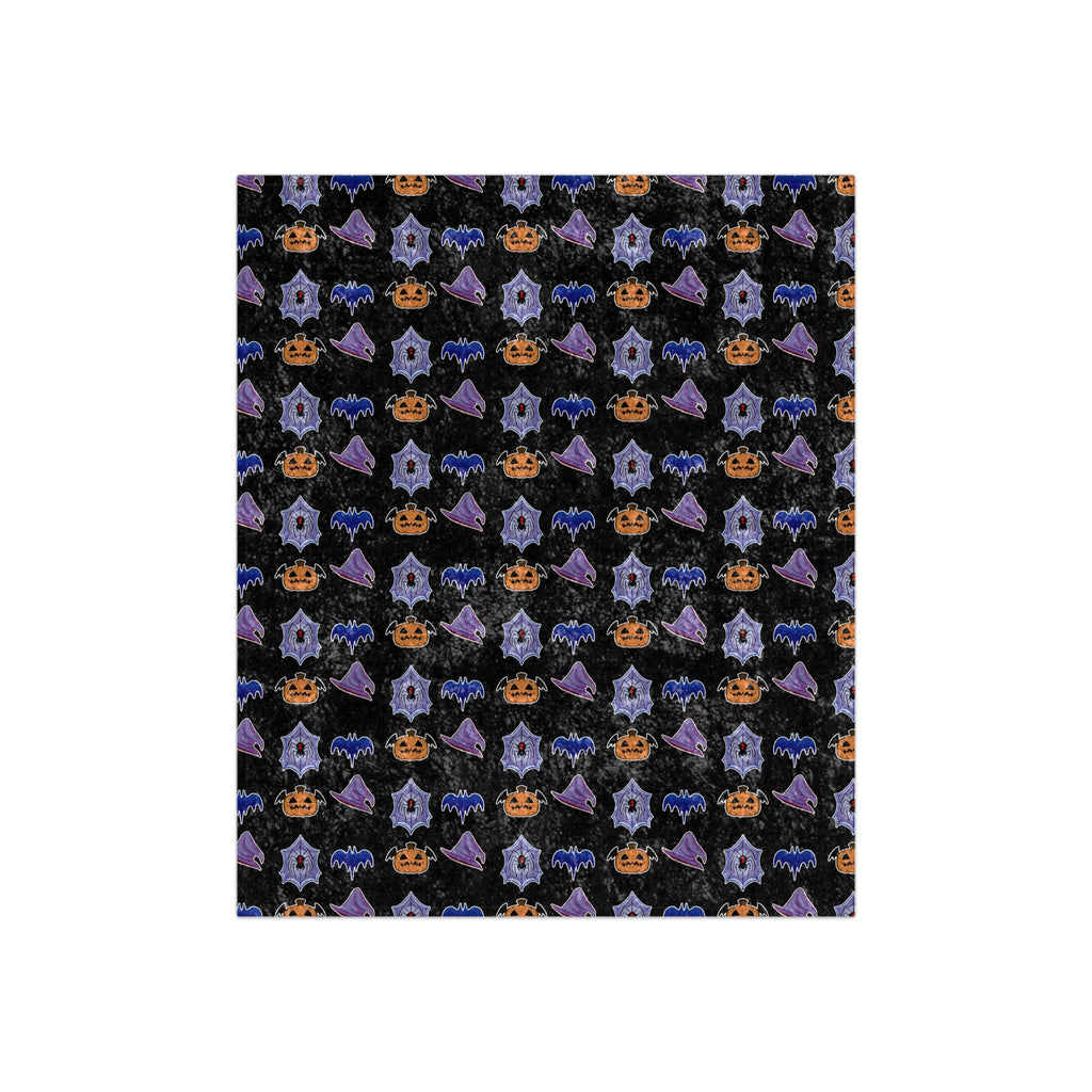 Halloween Crushed Velvet Blanket — Spooky Pattern with Pumpkins, Spiders, Witch Hats & Bats