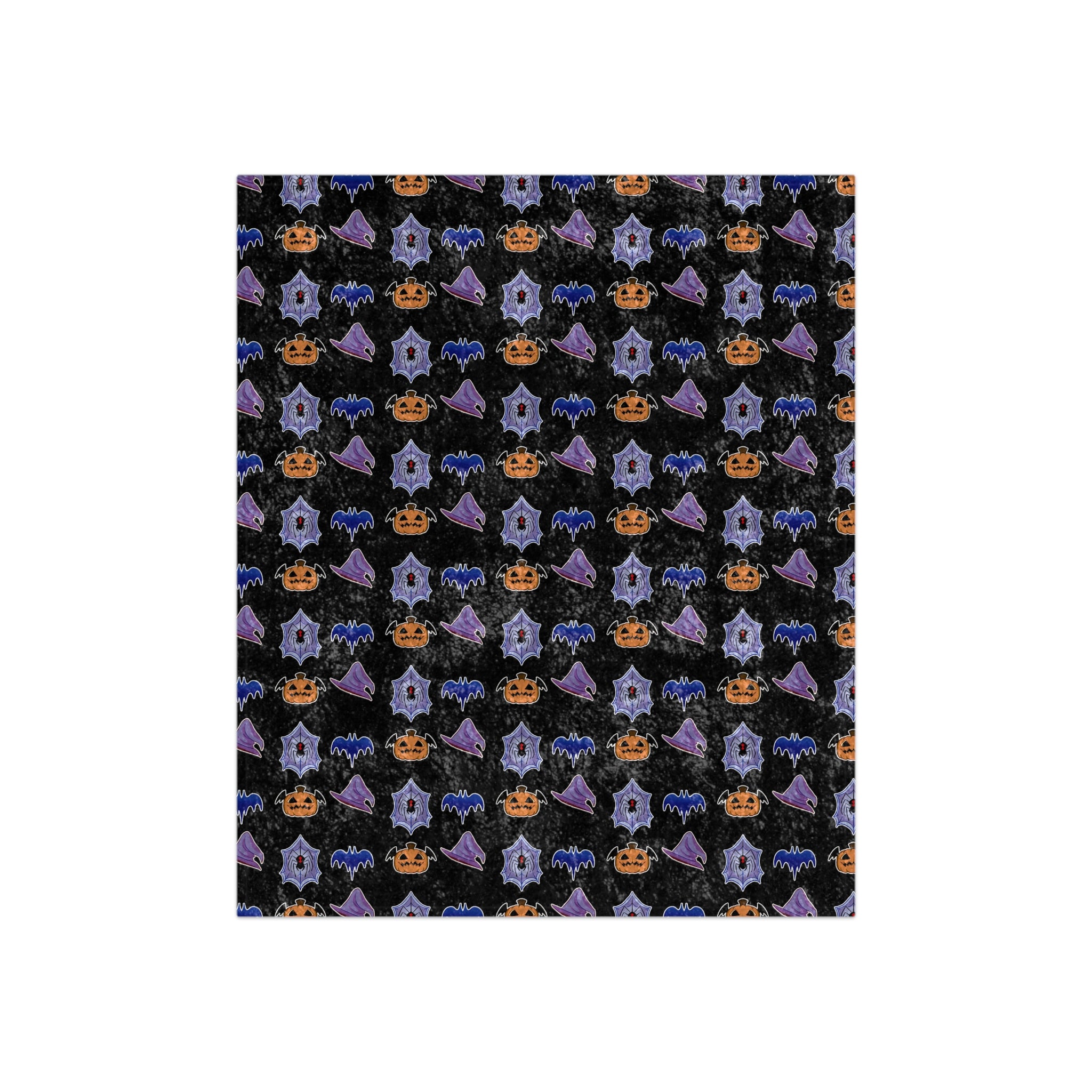 Halloween Crushed Velvet Blanket — Spooky Pattern with Pumpkins, Spiders, Witch Hats & Bats