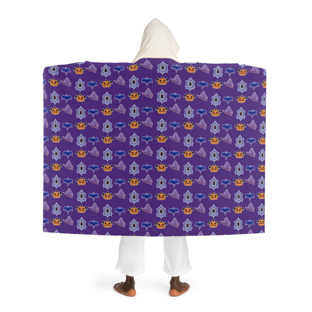 Halloween Hooded Sherpa Blanket – Purple Pumpkin & Ghost Cozy Throw