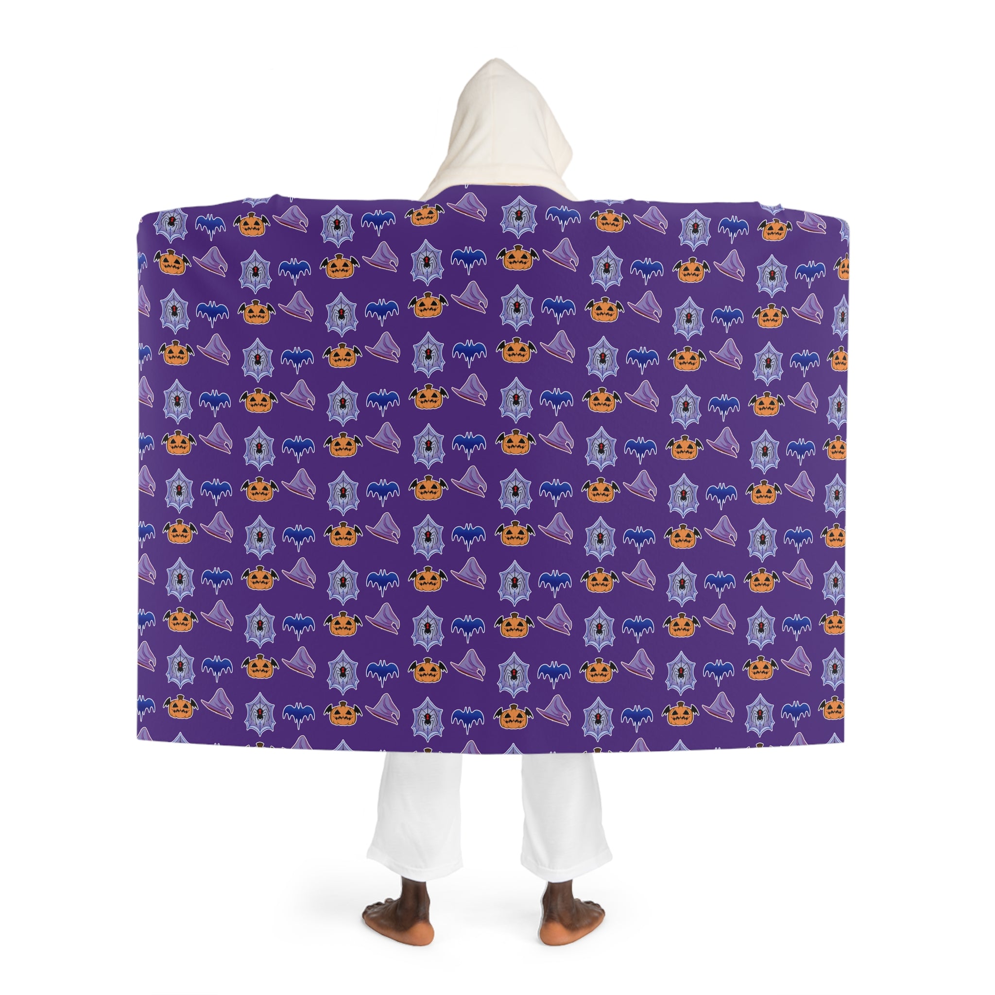 Halloween Hooded Sherpa Blanket – Purple Pumpkin & Ghost Cozy Throw