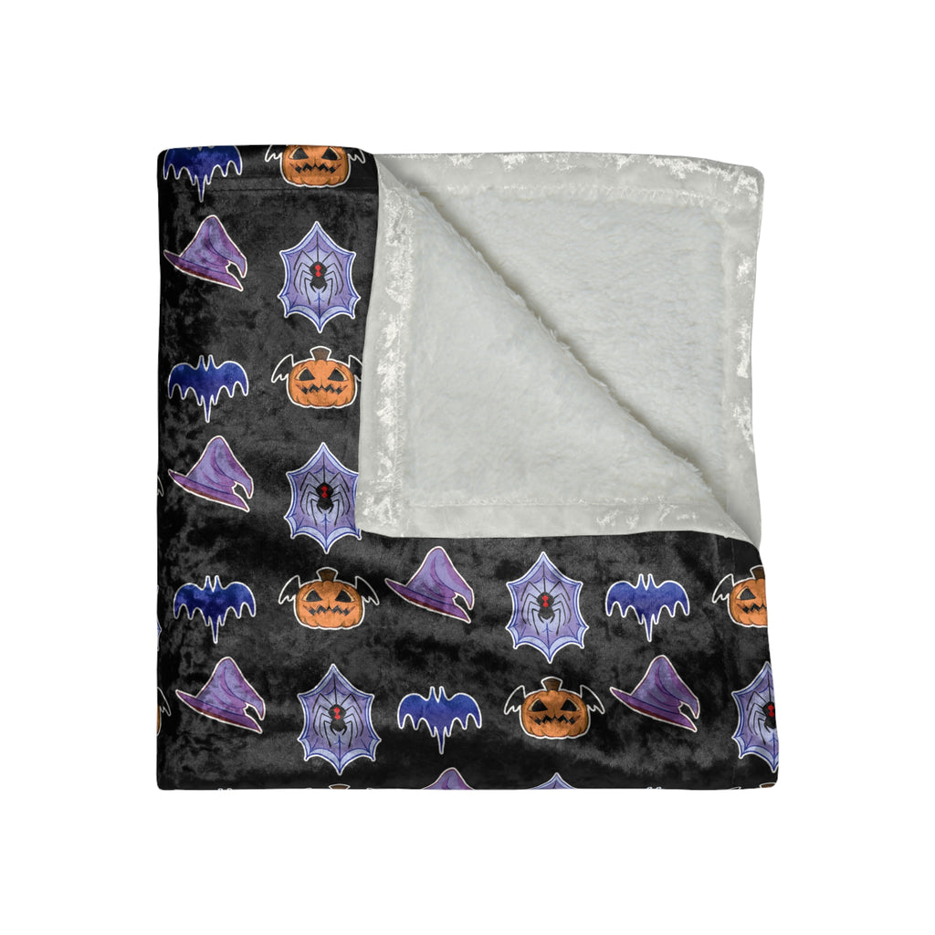 Halloween Crushed Velvet Blanket — Spooky Pattern with Pumpkins, Spiders, Witch Hats & Bats