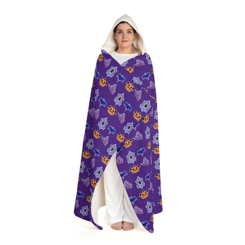Halloween Hooded Sherpa Blanket – Purple Pumpkin & Ghost Cozy Throw